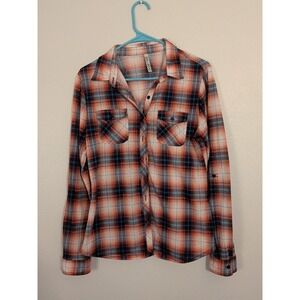 R N B Women's Flannel Long Sleeve Shirt Button Down Red Plaid Size Large